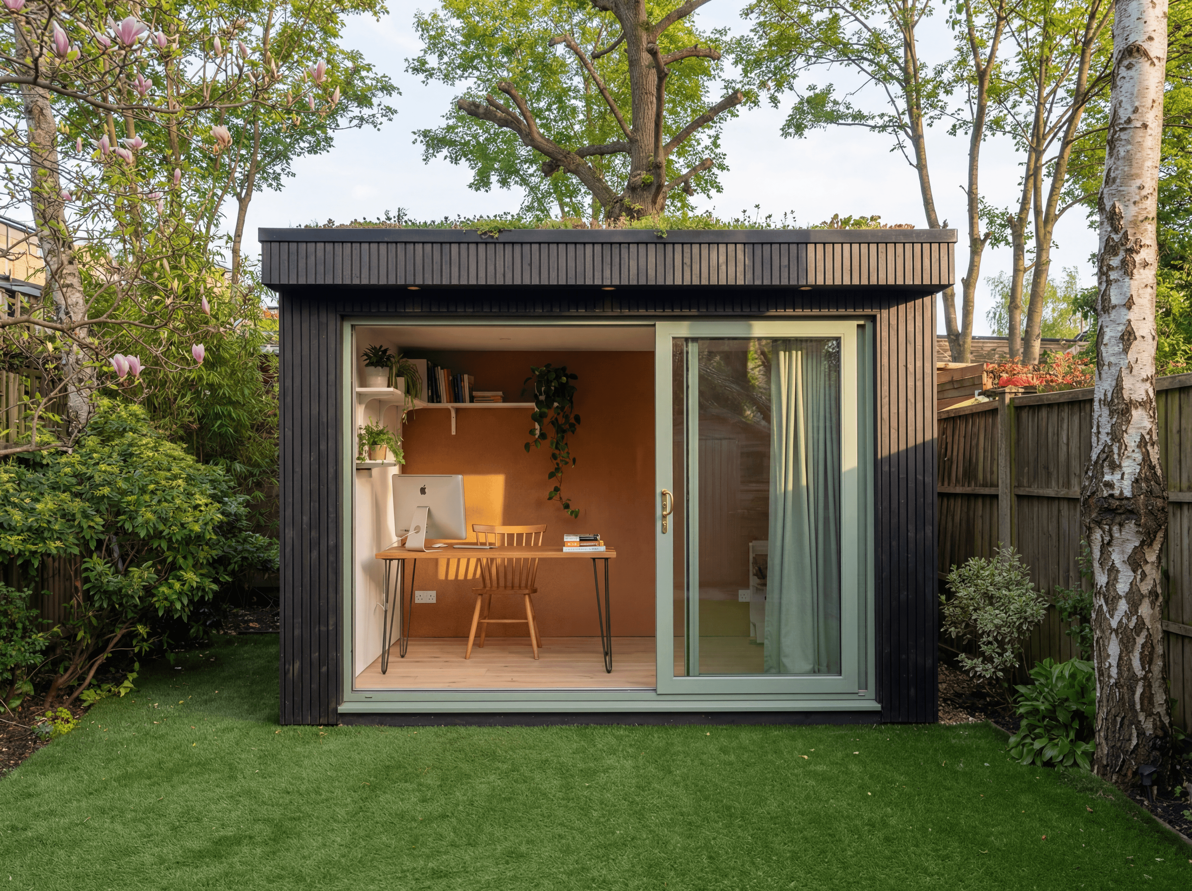 The same UK garden with a photoreal garden room rendered into the scene